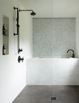 Bath Room, Marble Counter, Open Shower, Undermount Sink, Recessed Lighting, Alcove Tub, Soaking Tub, and Stone Tile Wall Past Present House Wet Room  Photo 14 of 18 in Past Present House by chadbourne + doss architects
