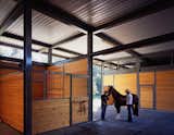 The steel structural system is designed based on a simple grid, constructed to the ideal dimensions for a horse stable. Natural ventilation is encouraged via open clearstories, and the large roof overhang protects the cladding from the rain.