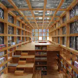 Residing  on the outskirts of Beijing, the single-storey Liyuan Library houses its collection of books within a chunky timber frame by Li Xiaodong.