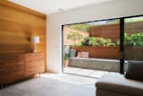 San Francisco Renovation guest room with accent wood wall and concrete patio with raised wood planters and horizontal wood fencing