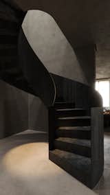 A sculptural black staircase with soft lighting, creating a dramatic and modern focal point in the space.

#EO3H #sirotovarchitects #staircase