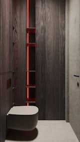 A minimalist restroom with dark wood paneling and subtle red lighting accents for a sleek, modern touch.

#EO3H #sirotovarchitects #restroomdesign