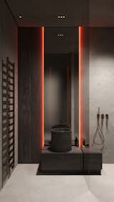 A modern bathroom with dark wood textures and vibrant red lighting accents, creating a bold, refined look.

#EO3H #sirotovarchitects #bathroom