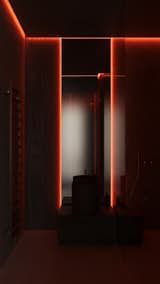 Dark wood with vibrant red lighting adds a dramatic, modern edge to this bathroom space.

#EO3H #sirotovarchitects #dramaticlighting