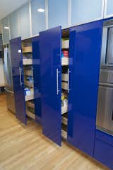 Wood Cabinet, Recessed Lighting, Light Hardwood Floor, Colorful Cabinet, Wall Oven, Refrigerator, Storage Room, and Cabinet Storage Type  Photo 8 of 8 in The Domino-Scotti Kitchen by Actual Size Builders, Inc.