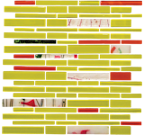 Chartreuse and Coral Subway Linear Glass Tile

1 sf. Garden Party Series 4. Color is queen in this fun, chic mix of chartreuse and deep coral blend of linear frosted and glossy glass mosaic tile. Hand made floral inspired glass tile and the surprise of hand-cut deep green sparkling stained glass here and there create a truly one of a kind stunning backsplash or accent wall. 

http://www.susanjablon.com/mbs30-214a.html