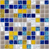 With Susan Jablon tiles, you can tile an entire wall or a simple backsplash and border. This remodeled bathroom features Spartan Glass Tile (SKU# 5940675), which is a tile blend containing 6 different glass and metal tiles in shades of blue, white, silver & yellow, made by hand for you. This mosaic features iridescent, recycled, metallic, dichroic and other tiles. http://ow.ly/PxXt30iHm1m #customtile #tile #mosaictile #glasstile #backsplash #showertile #bathroompic #bathroomupdate #upgradebathroom #modernbathroom #bathroominspiration #bathroominspo #bathroomstyle #homedecor #bathroomdecor #bathroomideas