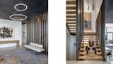 Staircase, Metal Railing, Wood Tread, and Metal Tread Foyer with custom metal kinetic screen - designed and created by the homeowners artistic brother, Tom Queoff.  Photo 4 of 7 in Wedge House by CCY Architects