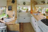 During the DIY build-out, the couple embraced reclaimed materials and items, reusing foam from the original school bus seats to create banquette cushions and salvaging a 1950s stove from an old RV. The mirrored closet doors conceal a portable toilet, while an outdoor shower is plumbed through a tankless water heater. The cabinet on the left holds an under-counter refrigerator.&nbsp;