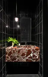 In the powder bath within the central volume, red marble encases the sink.