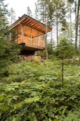 Sited on a rock ledge, the Far Cabin’s screened porch cantilevers over the forest floor for a tree house effect.