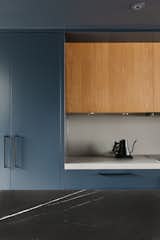 Caesarstone counters and white oak cabinets mix with the navy painted cabinets.