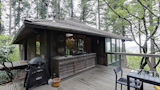 Before: A side porch off the kitchen used to have an outdoor kitchen. As enthusiastic lovers of Japanese design, the couple were drawn to the distinct roof shape of the midcentury house.