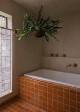 For the bathroom design, Ann was inspired by a visit to Dunton Hot Springs in Colorado years ago, where there was a tree indoors. Here, a staghorn fern hangs over the bathtub. Talavera Tile by Reeso tile in San Antonio covers the tub front and floor, and the window covering is a Pojagi-style curtain bought off Etsy.