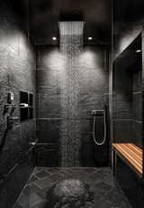 Bath, Ceiling, Enclosed, Slate, and Stone Tile Rain shower  Bath Stone Tile Photos from House in the Woods