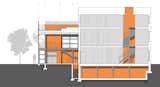 Diagrammatic building section displays, in orange, the spaces that have been modified, including the two story modern addition, the crawlspace of the existing home, and a light filled atrium that spills daylight into the historic home.  Photo 4 of 9 in A Steel-and-Glass Addition With a Giant Hangar Door Maximizes Indoor/Outdoor Living