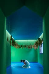 Bacon, a preserved creation, hangs from the ceiling of the first installation.  The green walls continue a masculine motif while the blue continues through the ceiling, floor, and windows. 