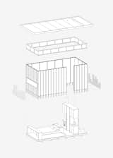 This axonometric drawing explains the building components that create the cabin, including everything from the floor plate and slate cladding, to the lantern of windows and up to the roof. 