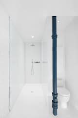 White laminated glass creates the shower surround.  A blue pipe adds a singular color element to the bath space. 