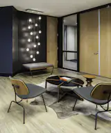 A multi-pendant light by Boci is an eye-catching accent upon entry into this mid-century modern inspired workplace. 