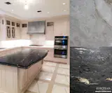 Embrace your dark side - Featuring 'Angelic Black' Granite with its delicate swirls of grey and white veining. Seen in this contrasting-colored kitchen island countertop, it draws your gaze toward it. 

The kitchen island has been expertly matched with Taj Mahal Quartzite counters and backsplash. Taj Mahal quartzite has a soft look, a very light color of a white marble, and it's also just as dense and durable as a granite.

Find out more info here: http://www.egmcorp.com/granite/angelic-black-azerobact-0
http://www.egmcorp.com/quartzite/taj-mahal