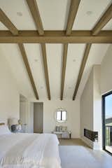 Vaulted ceiling in the primary suite expressing the form and structure of the gabled roofline. Gas fireplace surround is clad with Portola lime wash. Access to a backyard facing balcony through sliding doors.