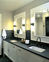 Mid-black slate slab were selected for both the kitchen and the bath. 