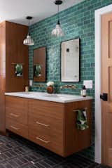 Bath Room, Pendant Lighting, Ceramic Tile Wall, Slate Floor, Engineered Quartz Counter, and Undermount Sink  Photo 11 of 17 in Mixed Metal Makeover by Kimball Modern