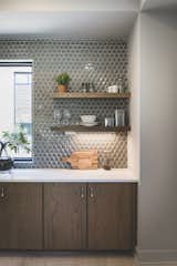 Open shelving with 3D Hex backsplash in kitchen