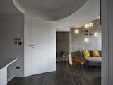 A concave ceiling above the kitchen area