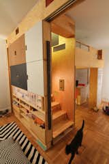 Stair to sleeping loft with step-storage and family cat
