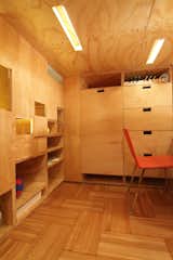 Storage under sleeping loft with recessed lighting