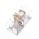 Diagram of overall project showing playroom and bedroom with moving storage room dividers and stair to sleeping loft with step-storage