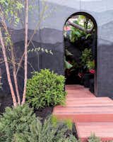 Outdoor, Front Yard, Shrubs, Wood Patio, Porch, Deck, Trees, and Small Patio, Porch, Deck A small path and courtyard lead up to the house.  Photos from A Tiny House Made of Sand and Recycled Materials Lands in Times Square