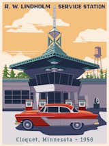Artist Steve Thomas chose to depict Wright's only gas station, originally designed for his utopian Broadacre City.