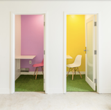Office, Concrete Floor, and Chair Private photo booths allow privacy for Skype and conference calls.

  Search “conference” from 6 Co-Working Clubs Catered to Women That Radiate Good Vibes and Beautiful Designs