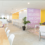 Office, Concrete Floor, Chair, and Desk Members can perch at the bar, relax in a comfortable living area, or sprawl out at one of the many tables used for collaborative work.

  Photo 8 of 17 in 6 Co-Working Clubs Catered to Women That Radiate Good Vibes and Beautiful Designs
