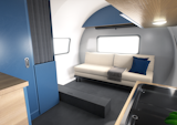A minimal color palette and clean lines gives the travel trailer interiors a sleek look.