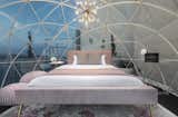 Bedroom, Night Stands, Dark Hardwood Floor, Rug Floor, Bed, and Pendant Lighting In a nod to the 1960s, a blush palette and gold accents permeate the dome.  Photos from Now You Can Glamp in a Rooftop Dome at the Watergate Hotel
