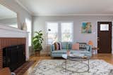 Living room with wood burning fireplace