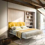 Bedroom, Bed, Shelves, Storage, Rug Floor, and Medium Hardwood Floor Resource Furniture Queen-Size Wall Beds  Photo 8 of 11 in Sofa Bed Versus Wall Bed: What’s Best for Your Small Space?