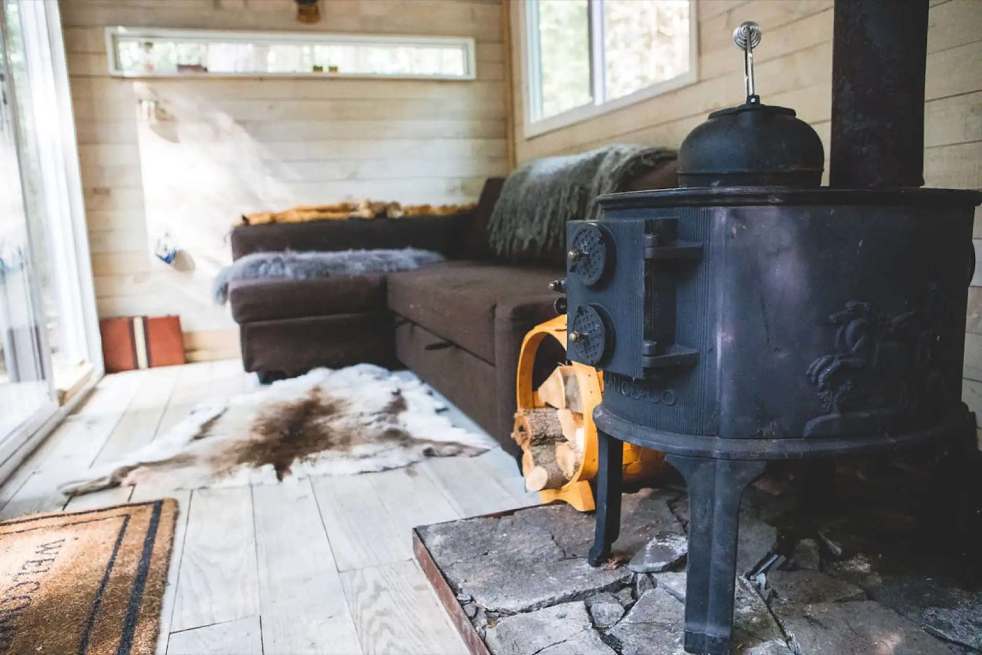 The Swedish wood-burning stove can keep the cabin toasty warm all night long.