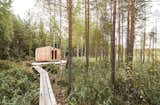 Built with trees felled on-site, a 650-foot-long elevated pathway connects the cabin to the nearest road. 