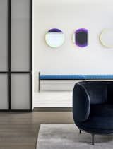 Dark blue and pink accents, seen in these chromatic circles, are peppered throughout the home and appear in the art, area rugs, and furnishings. 