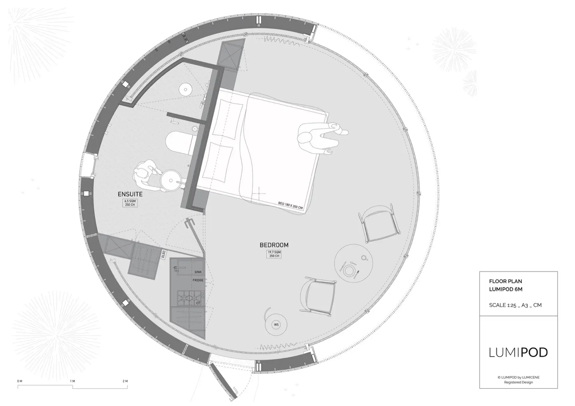 Plan of the 26-square-meter LumiPod 6 with a 20-square-meter bedroom and 6-square-meter en suite.
