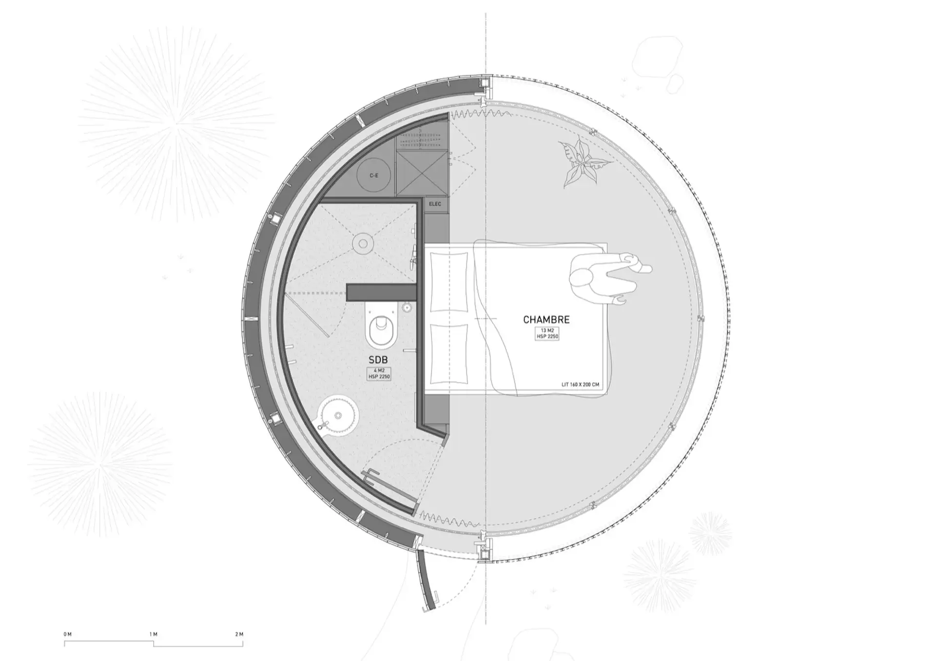 Plan of the 18-square-meter LumiPod 5 with a 14-square-meter bedroom and 4-square-meter en suite.