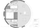 Plan of the 36-square-meter LumiPod 7 with two bedrooms, an ensuite bathroom, and a living room/kitchen area. 