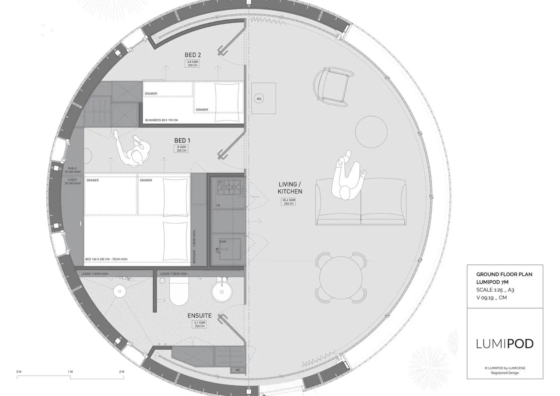 Plan of the 36-square-meter LumiPod 7 with two bedrooms, an ensuite bathroom, and a living room/kitchen area.