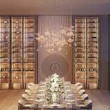 The sculptural wine cellar is a showpiece in the dining area.
