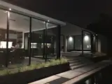 View of patio at night.